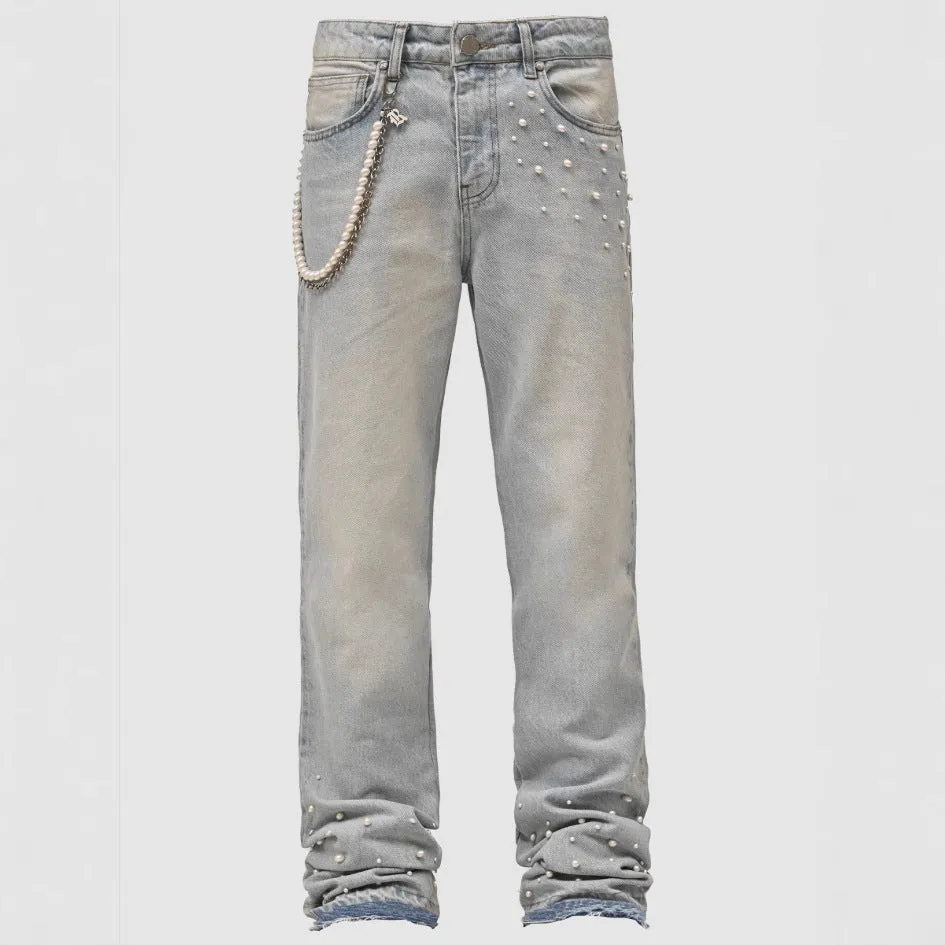 Men's street fashion elastic diamond denim straight-leg pants in light blue and black, cotton, sizes S to XL