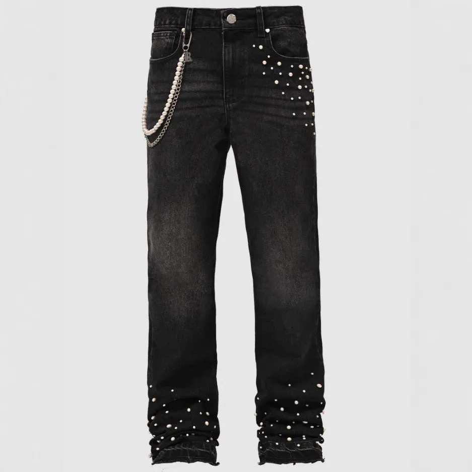 Men's street fashion elastic diamond denim straight-leg pants in light blue and black, cotton, sizes S to XL