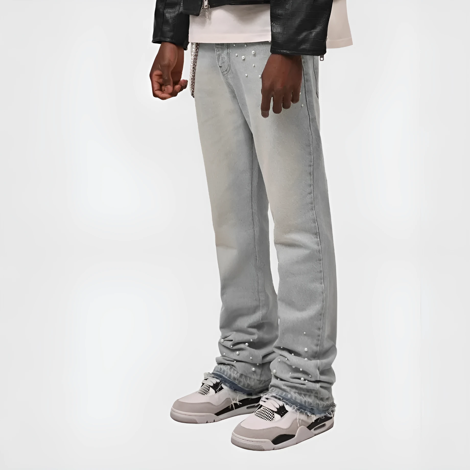 Men's street fashion elastic diamond denim straight-leg pants in light blue and black, cotton, sizes S to XL