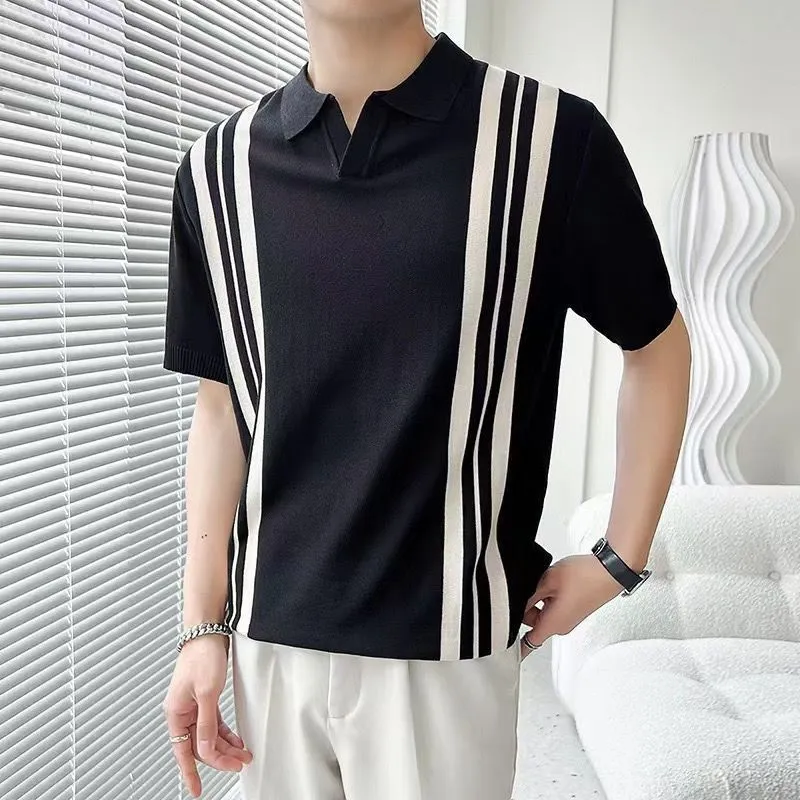 Men's mixed colour stripe slim lapel T-shirt in high texture polyester fiber