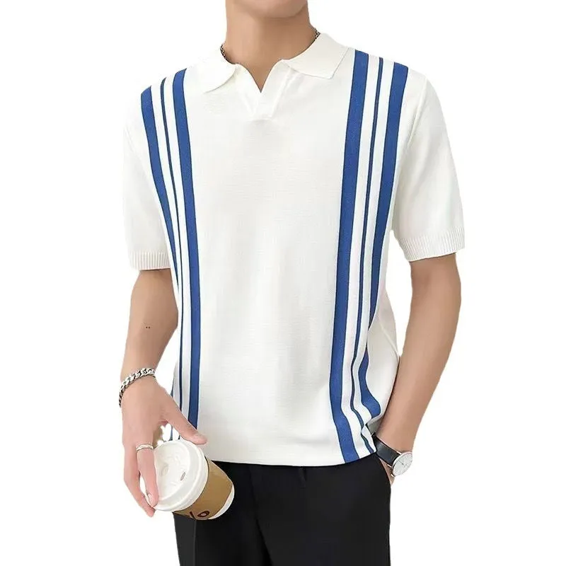 Men's mixed colour stripe slim lapel T-shirt in high texture polyester fiber