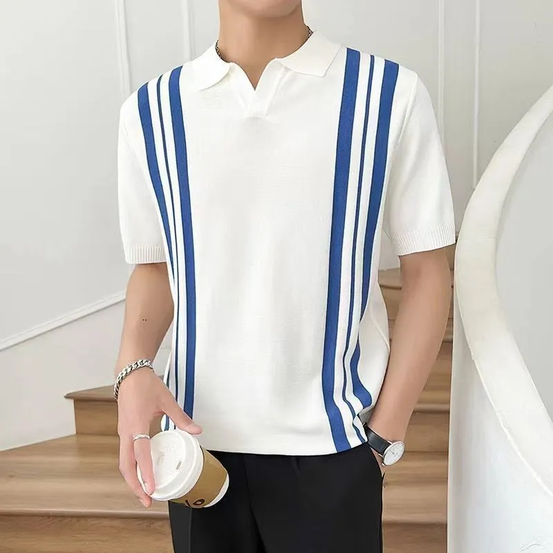 Men's mixed colour stripe slim lapel T-shirt in high texture polyester fiber