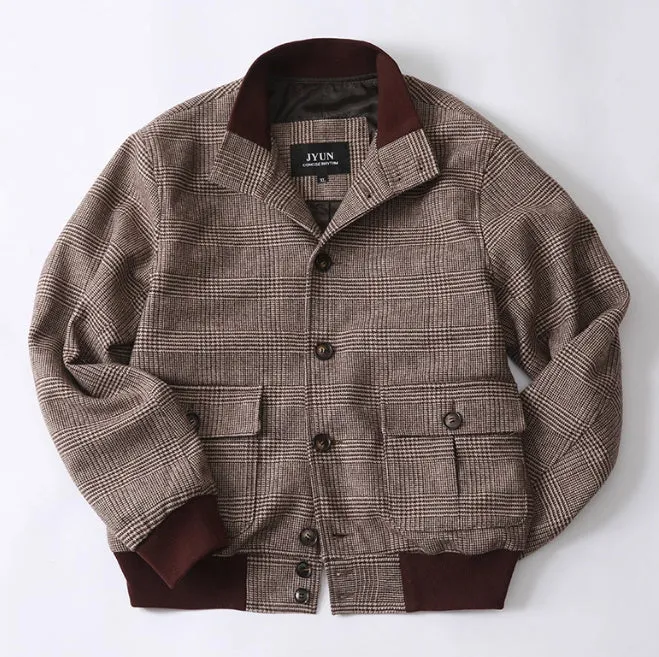 Men's brown tweed short stand-collar single-breasted coat with 70% wool, slim-fit front view