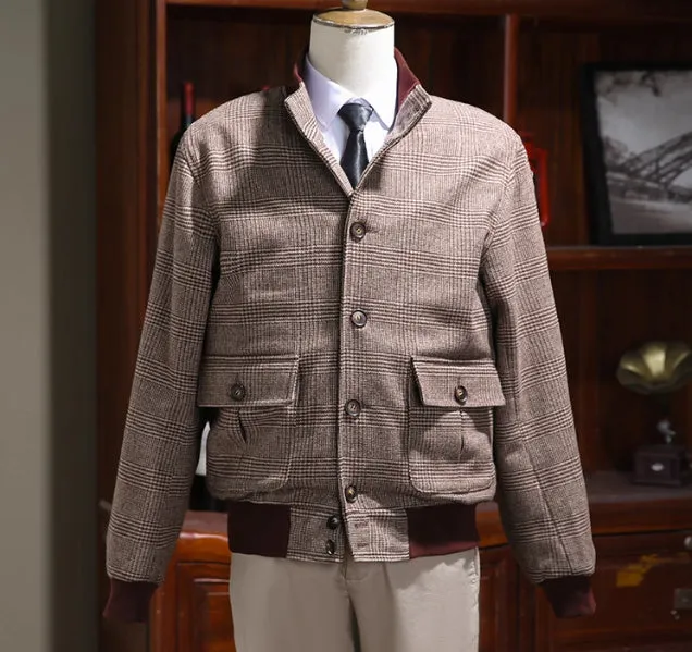 Men's brown tweed short stand-collar single-breasted coat with 70% wool, slim-fit front view