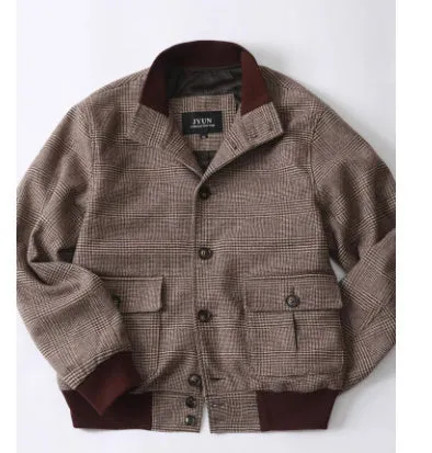 Men's brown tweed short stand-collar single-breasted coat with 70% wool, slim-fit front view