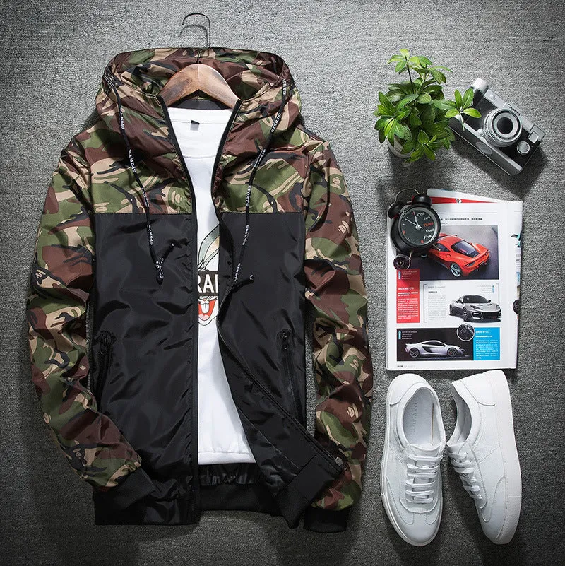 Men's camouflage lightweight hoodie in army green showing front view with hood up, size chart available