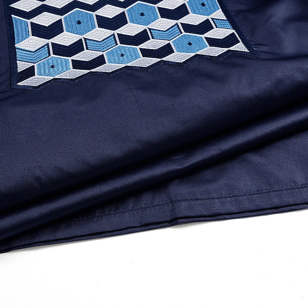 Men's dark blue polyester three-piece suit set with embroidered jacket