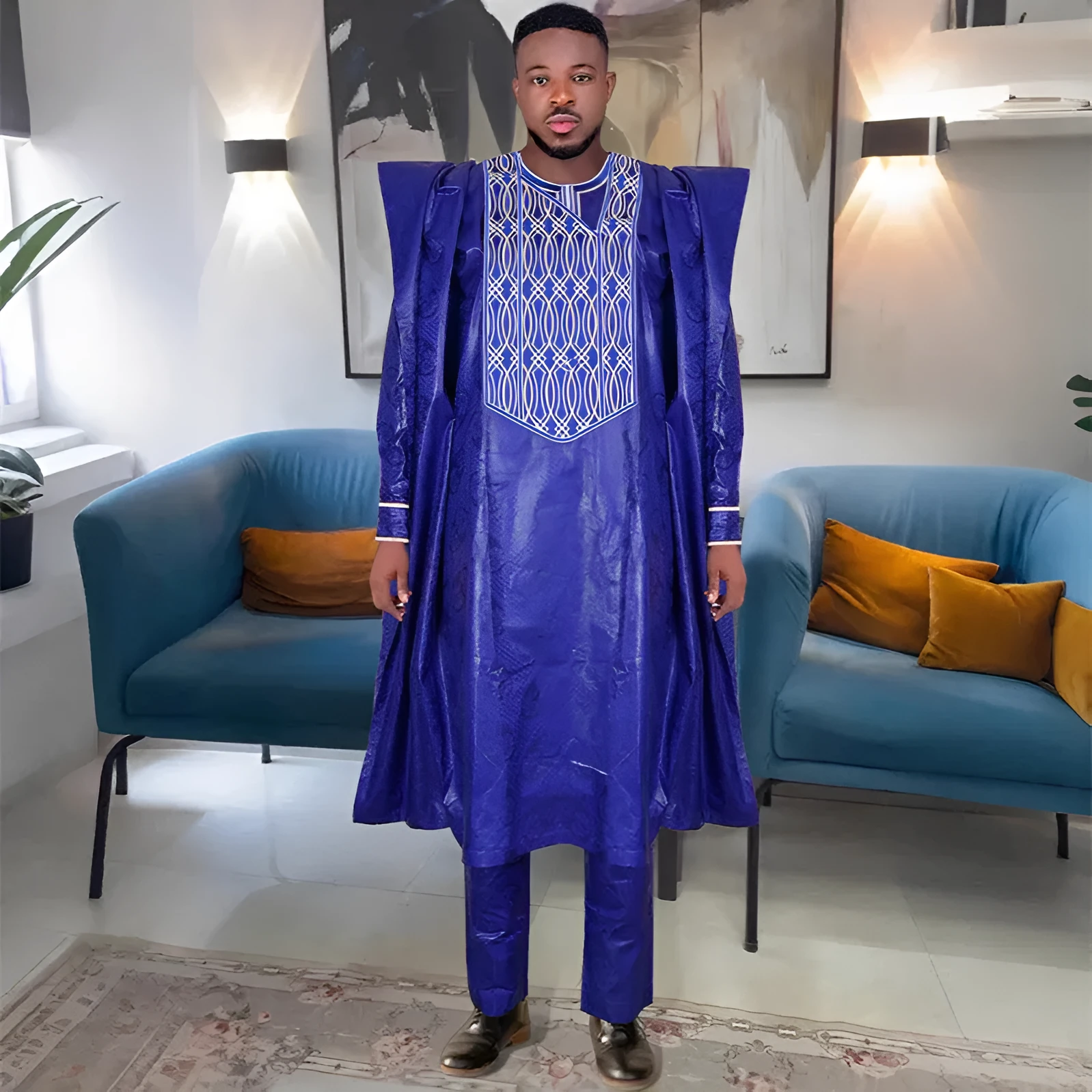 Plus size men's three-piece figured cloth suit in dark blue – outer robe, shirt, trousers for daily wear