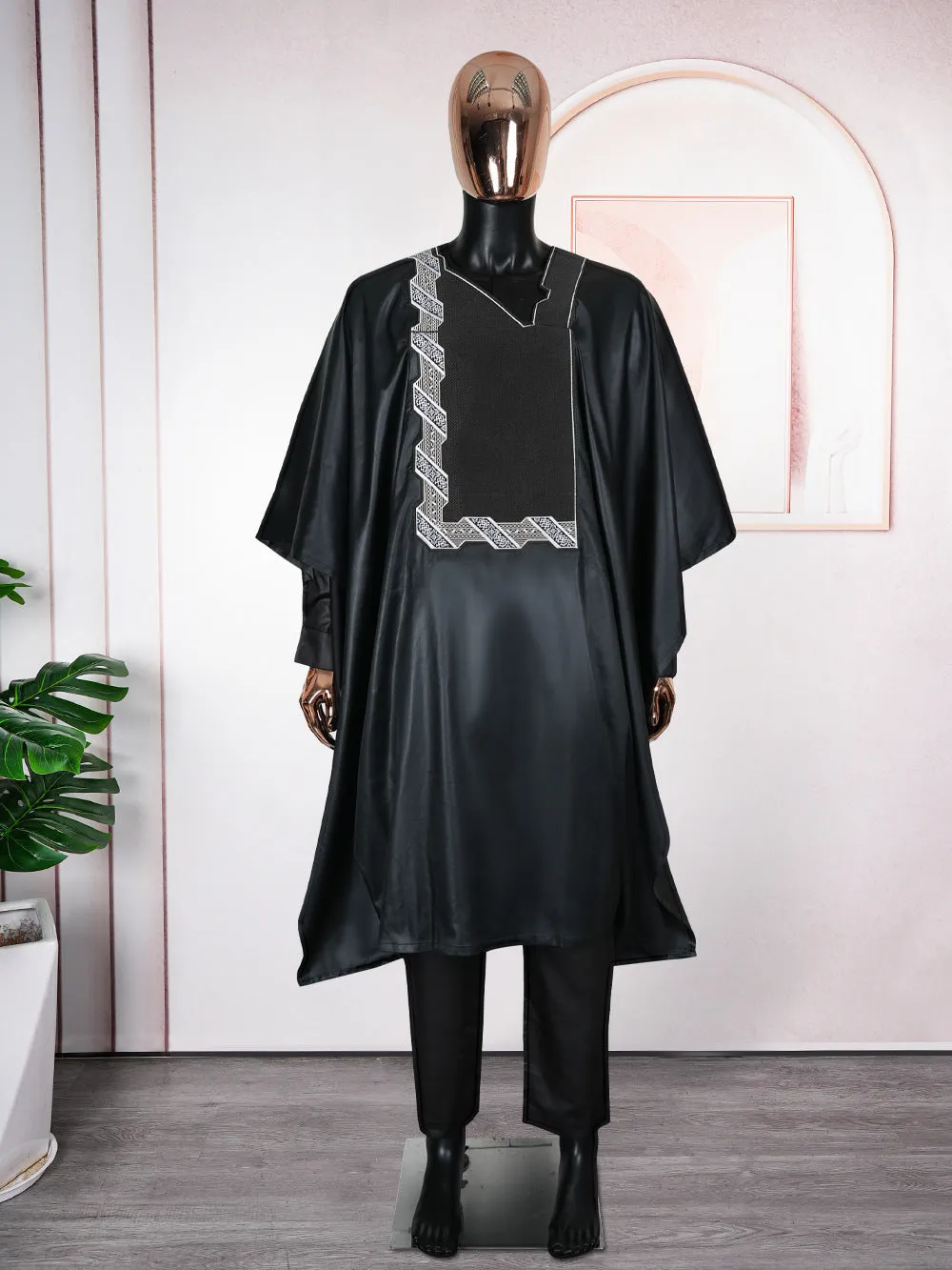 Plus size men's three-piece figured cloth suit in dark blue – outer robe, shirt, trousers for daily wear
