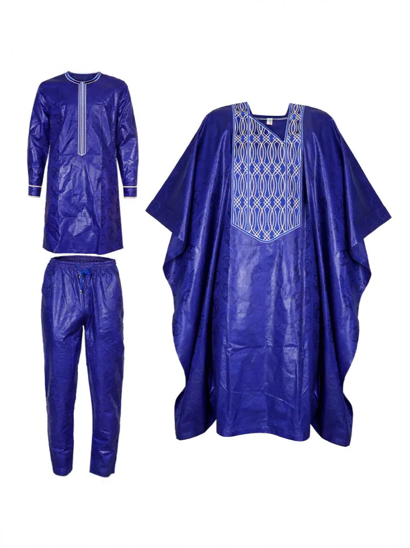 Plus size men's three-piece figured cloth suit in dark blue – outer robe, shirt, trousers for daily wear