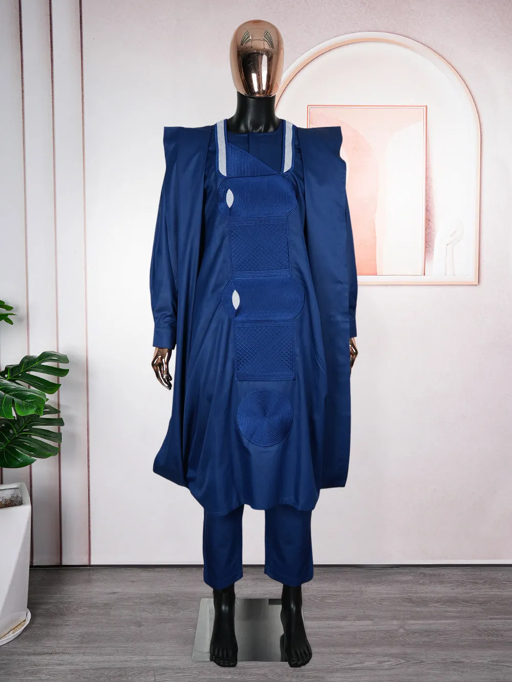 Plus size men's three-piece figured cloth suit in dark blue – outer robe, shirt, trousers for daily wear