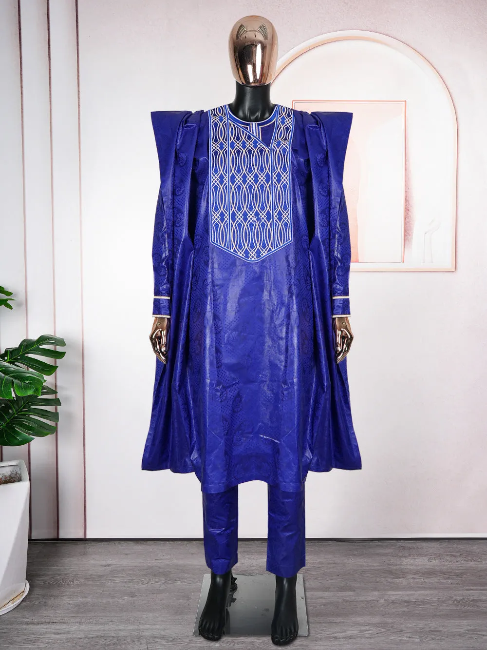 Plus size men's three-piece figured cloth suit in dark blue – outer robe, shirt, trousers for daily wear