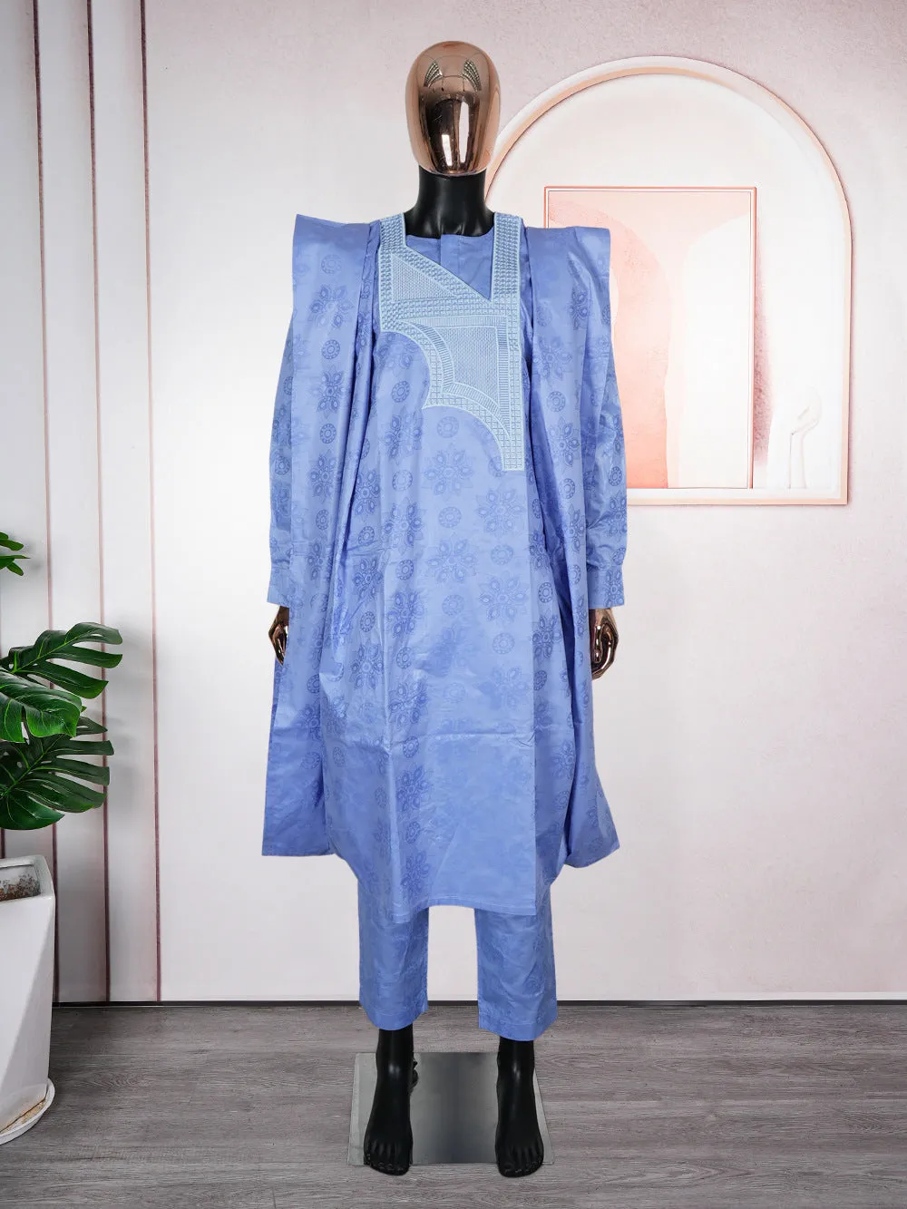 Plus size men's three-piece figured cloth suit in dark blue – outer robe, shirt, trousers for daily wear