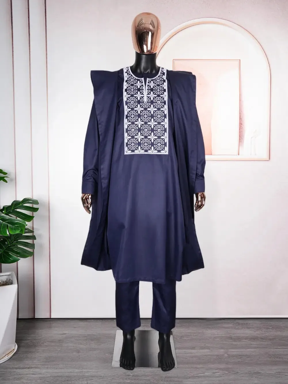 Plus size men's three-piece figured cloth suit in dark blue – outer robe, shirt, trousers for daily wear