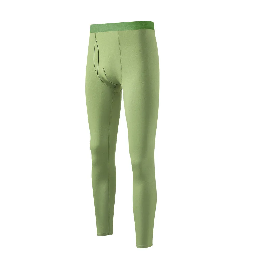 Men's seamless thermal cotton leggings in Olive Green single-layer solid colour anti-static antibacterial warm base layer
