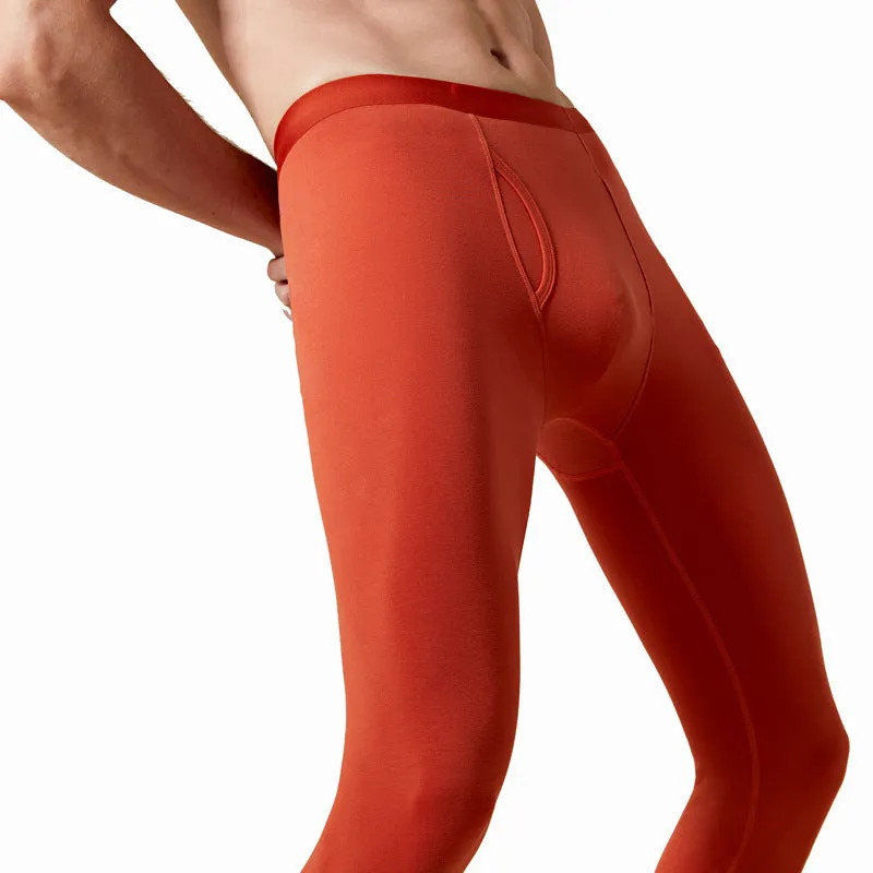 Men's seamless thermal cotton leggings in Olive Green single-layer solid colour anti-static antibacterial warm base layer