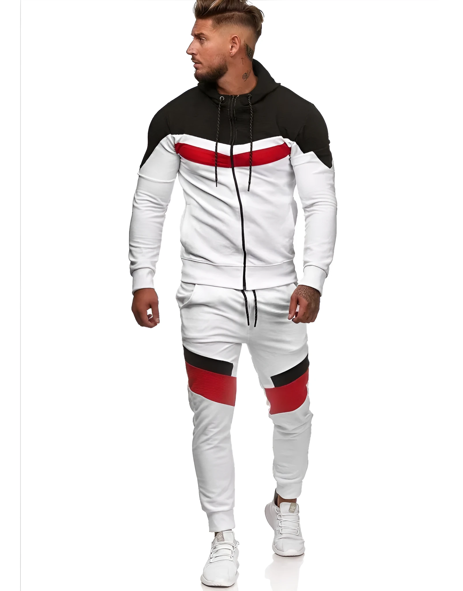 Colorblock hoodie sportswear cotton pullover in Red and White, front view, sizes M to 3XL