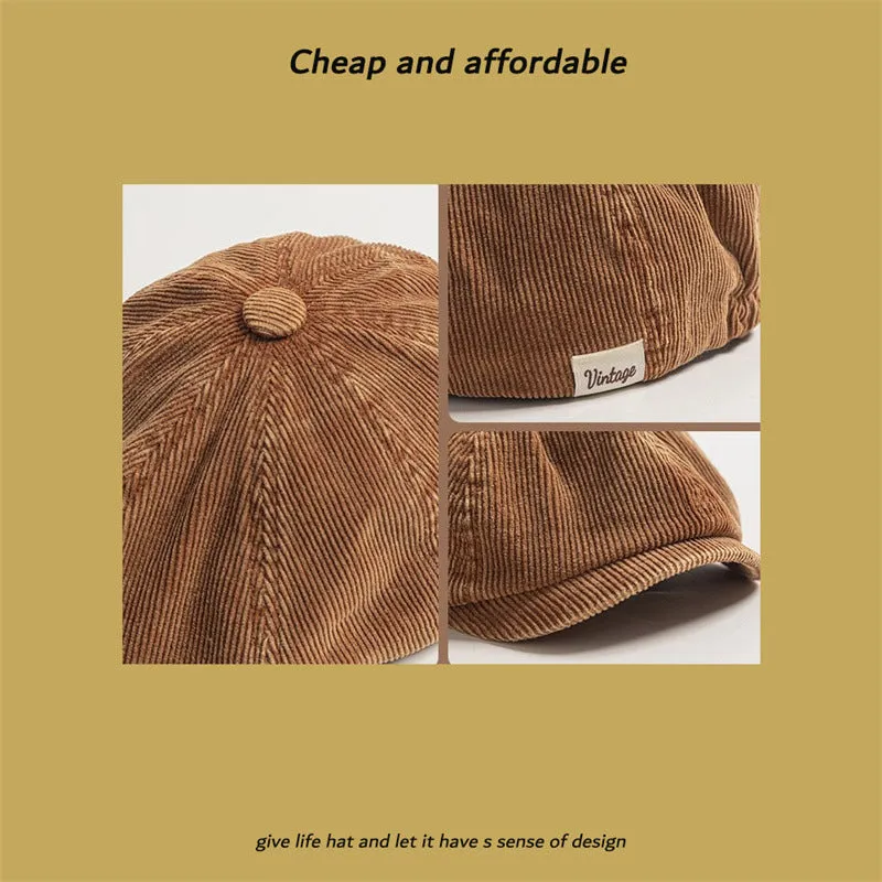 Corduroy eight-panel newsboy cap in solid colour, satin strip detail, unisex adult size