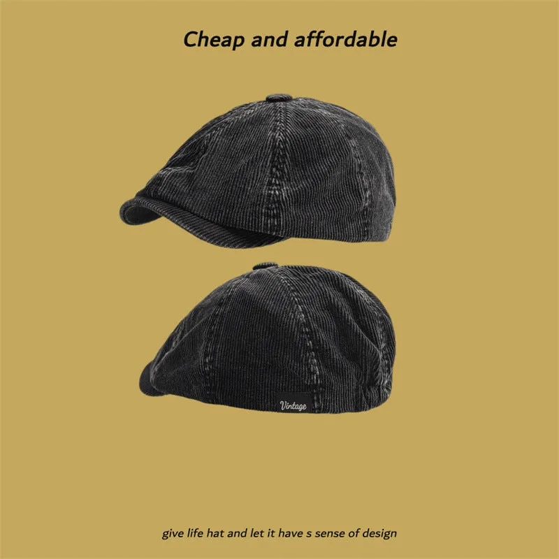 Corduroy eight-panel newsboy cap in solid colour, satin strip detail, unisex adult size