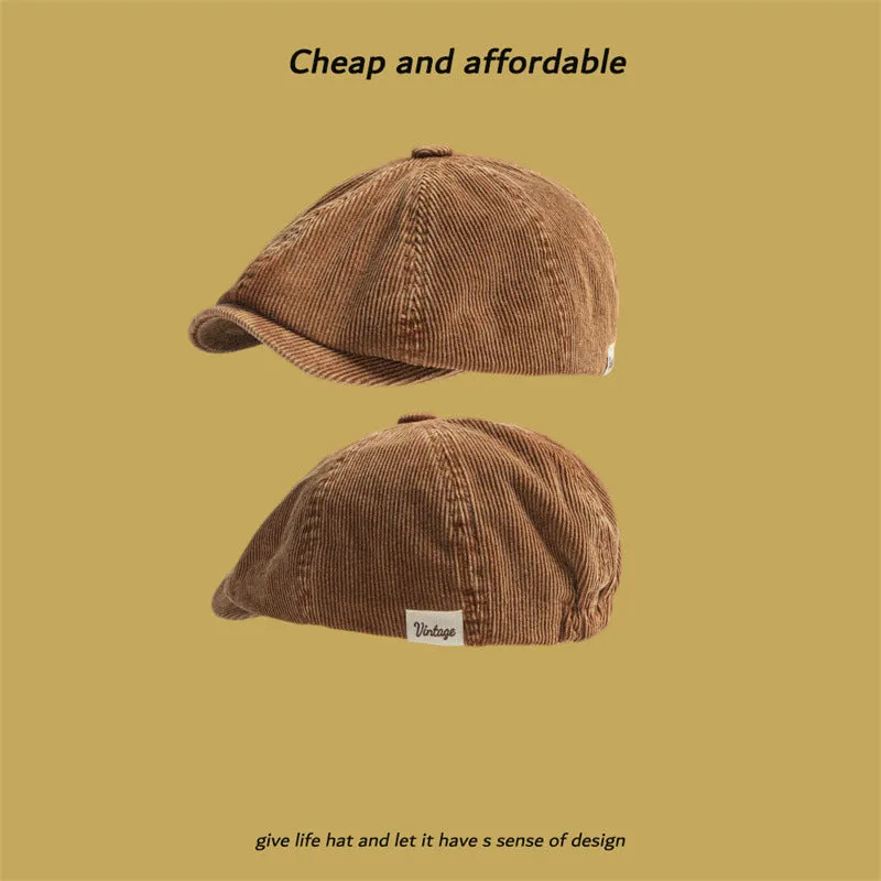 Corduroy eight-panel newsboy cap in solid colour, satin strip detail, unisex adult size