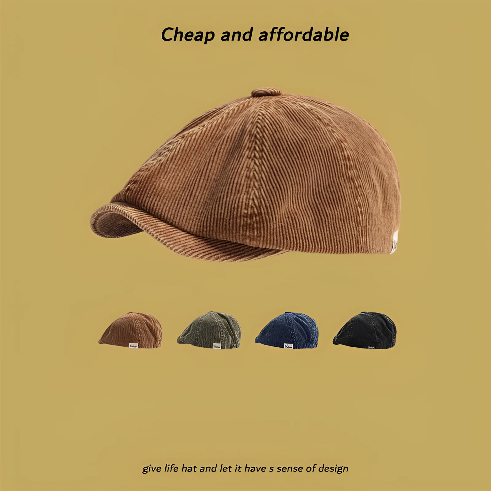 Corduroy eight-panel newsboy cap in solid colour, satin strip detail, unisex adult size