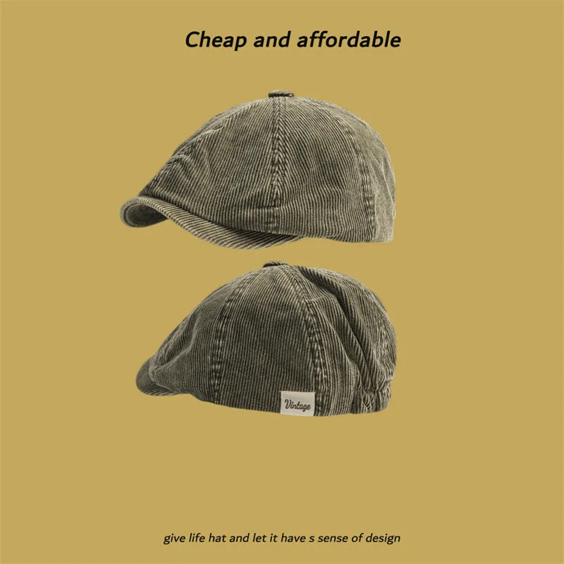 Corduroy eight-panel newsboy cap in solid colour, satin strip detail, unisex adult size