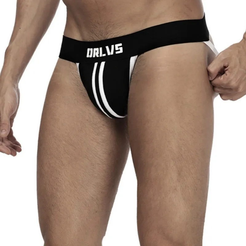 Men's low waist double belt cotton thong in solid colour with open back
