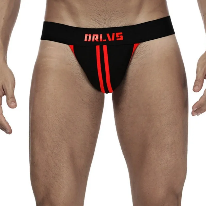 Men's low waist double belt cotton thong in solid colour with open back