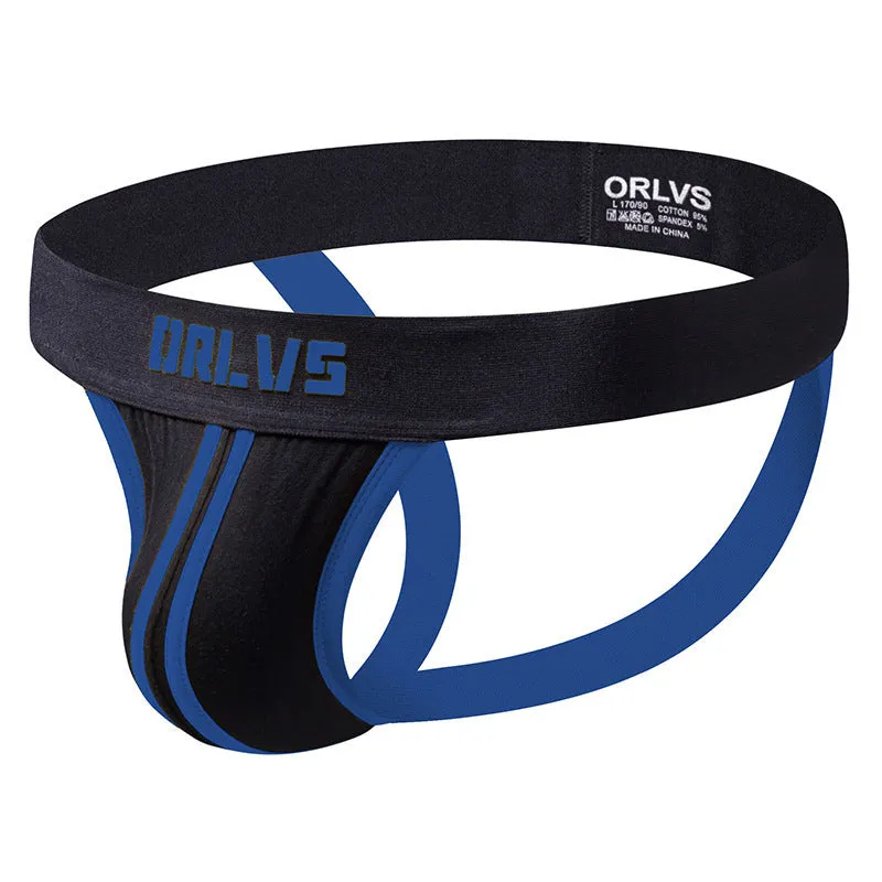 Men's low waist double belt cotton thong in solid colour with open back