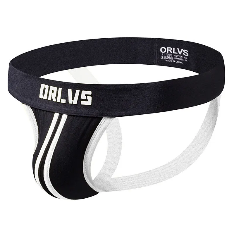 Men's low waist double belt cotton thong in solid colour with open back