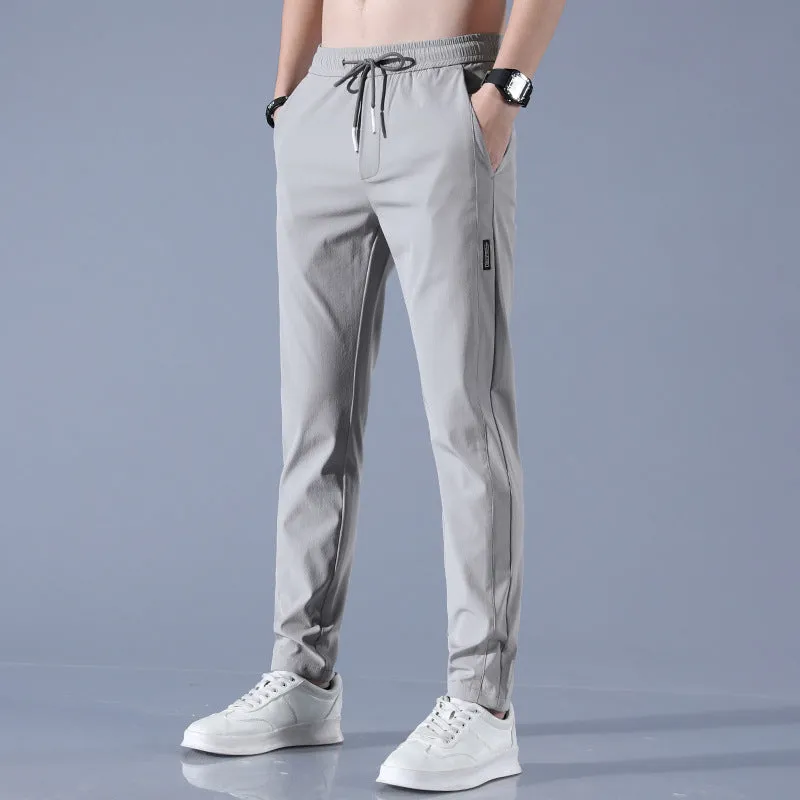 Men's summer ice silk stretch straight sports trousers in loose fit with drawstring, available in black, dark gray, light gray, light green