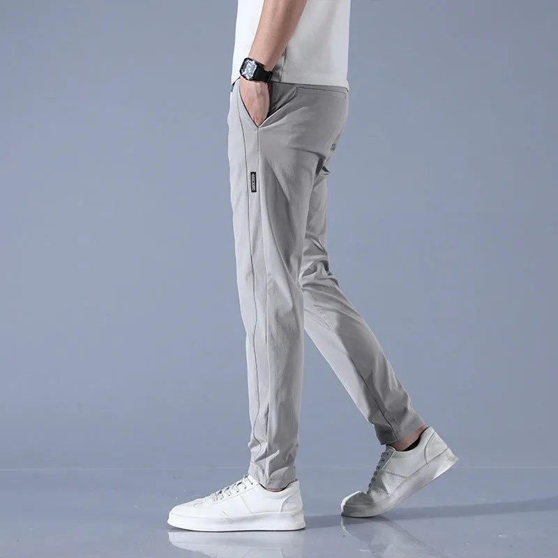 Men's summer ice silk stretch straight sports trousers in loose fit with drawstring, available in black, dark gray, light gray, light green