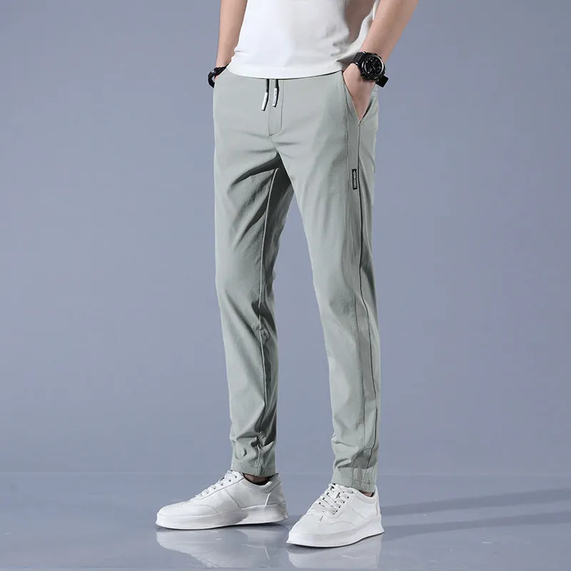 Men's summer ice silk stretch straight sports trousers in loose fit with drawstring, available in black, dark gray, light gray, light green