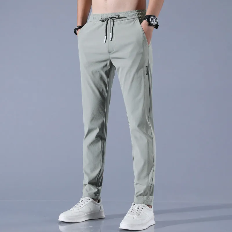 Men's summer ice silk stretch straight sports trousers in loose fit with drawstring, available in black, dark gray, light gray, light green