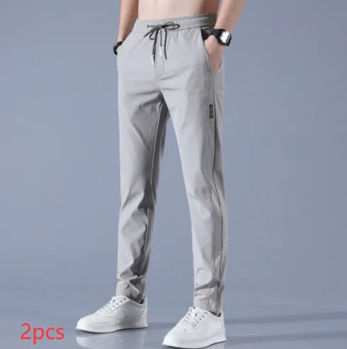 Men's summer ice silk stretch straight sports trousers in loose fit with drawstring, available in black, dark gray, light gray, light green
