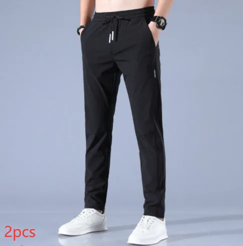 Men's summer ice silk stretch straight sports trousers in loose fit with drawstring, available in black, dark gray, light gray, light green