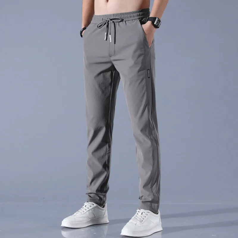 Men's summer ice silk stretch straight sports trousers in loose fit with drawstring, available in black, dark gray, light gray, light green