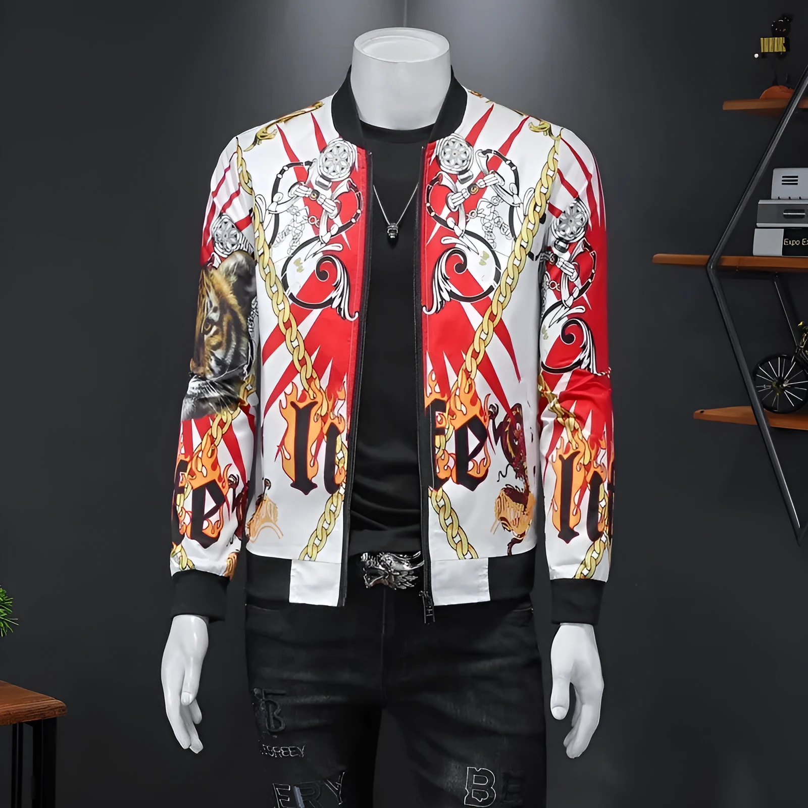 Men's gold print bomber jacket in white, black, and blue, cotton-polyester blend, long sleeves, ribbed hem, side pockets, streetwear