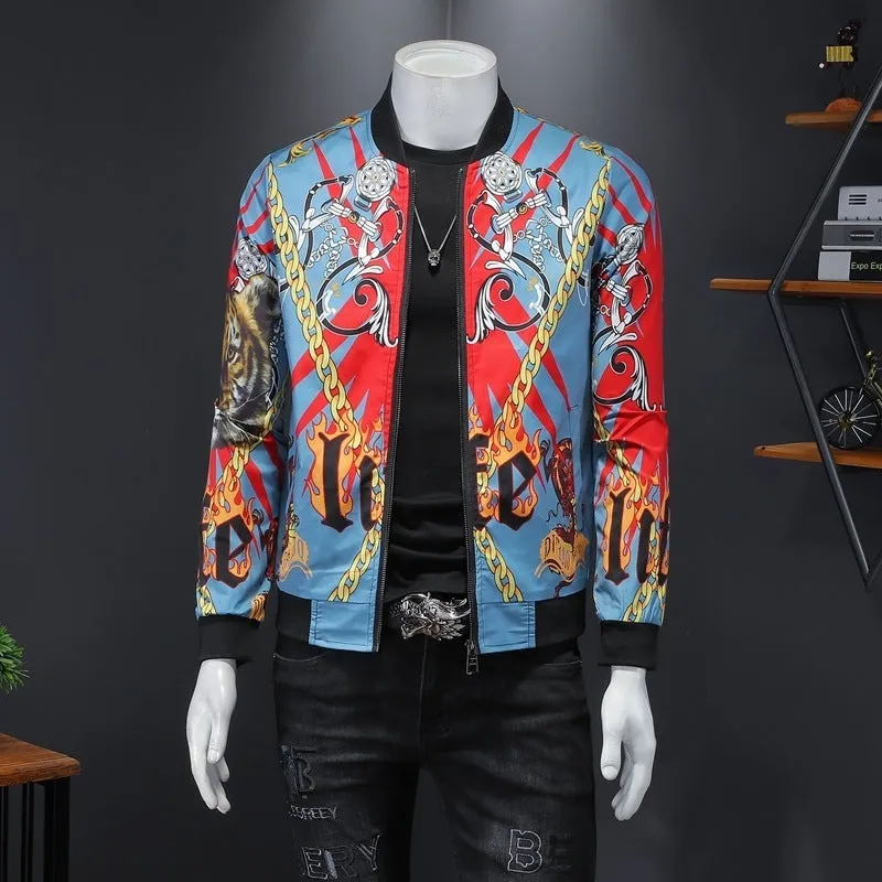 Men's gold print bomber jacket in white, black, and blue, cotton-polyester blend, long sleeves, ribbed hem, side pockets, streetwear