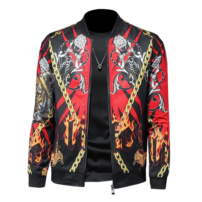 Men's gold print bomber jacket in white, black, and blue, cotton-polyester blend, long sleeves, ribbed hem, side pockets, streetwear