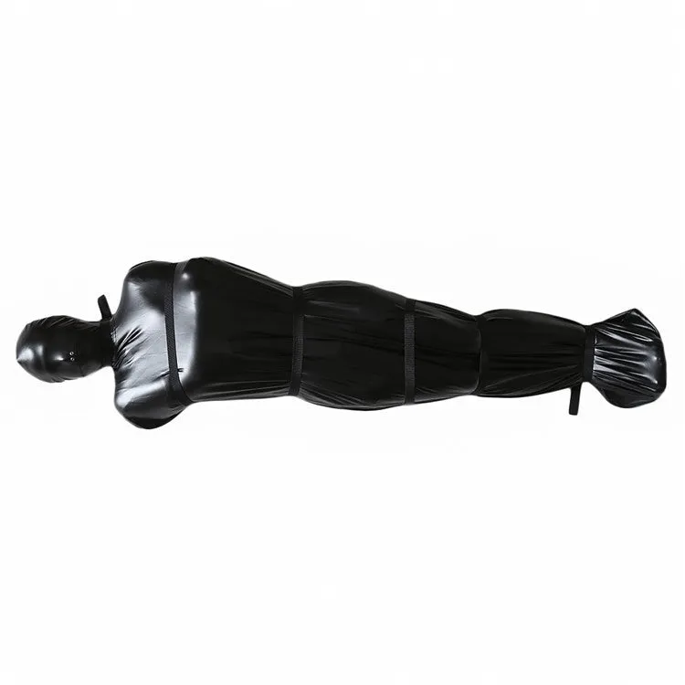 Black patent leather nostril clothing bondage set with six ratchet tie down straps