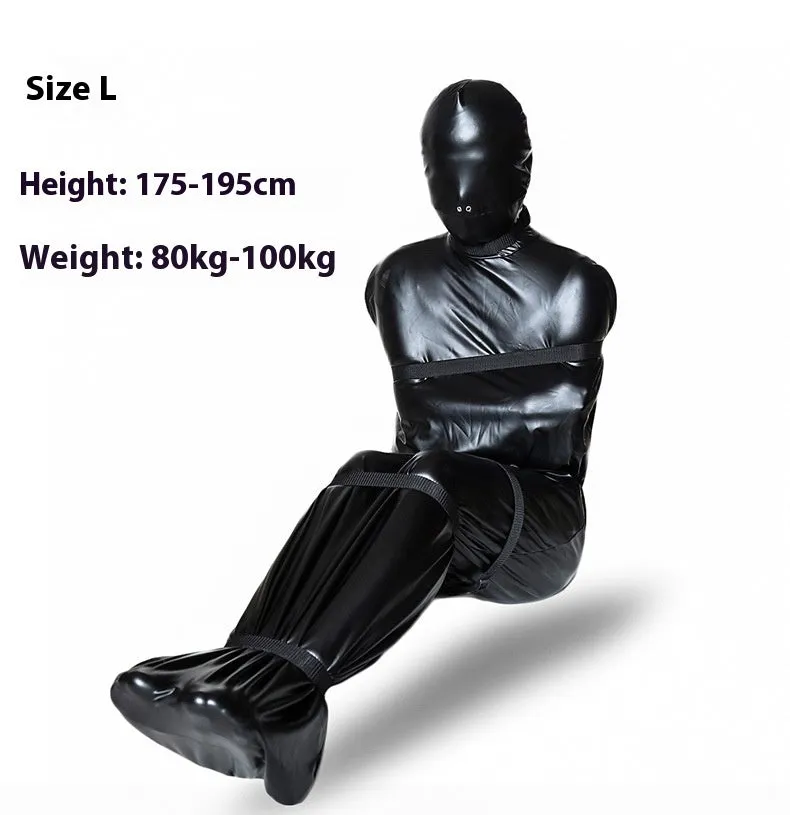 Black patent leather nostril clothing bondage set with six ratchet tie down straps