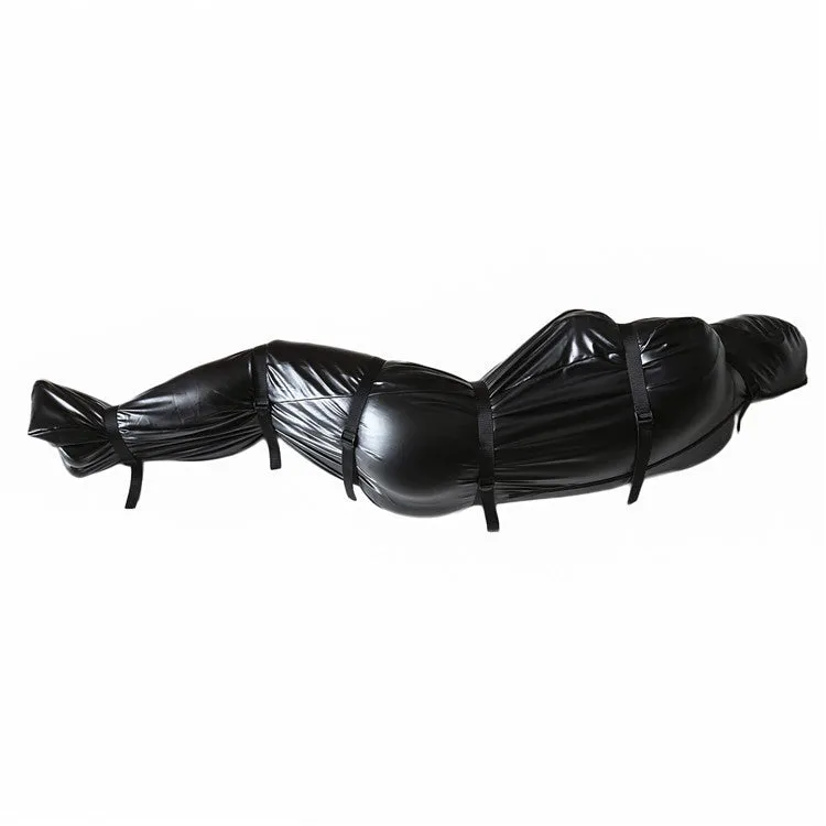 Black patent leather nostril clothing bondage set with six ratchet tie down straps