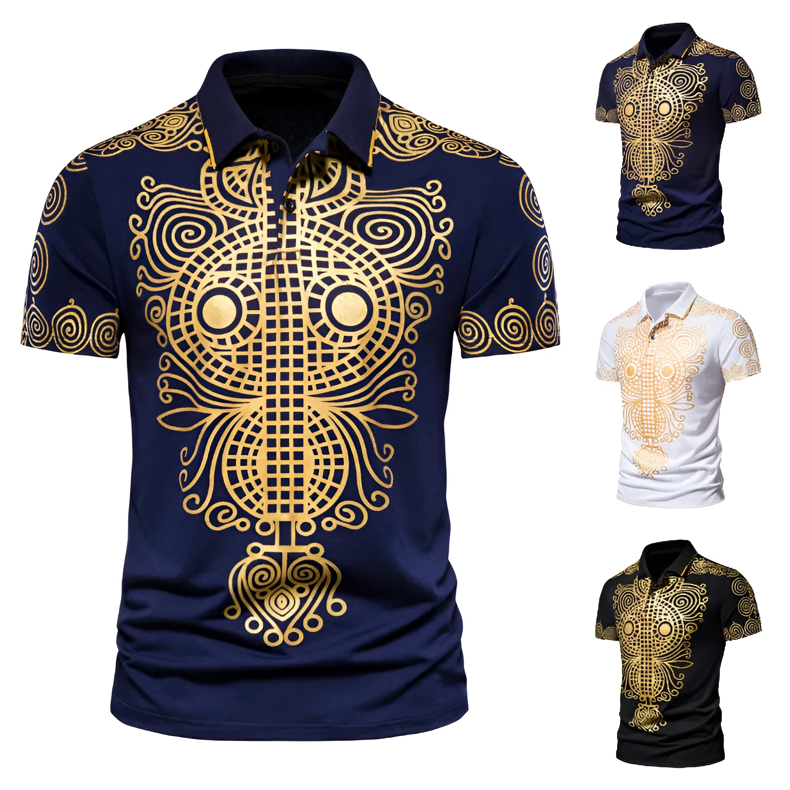 Summer men casual ethnic short-sleeved cotton shirt with lapel collar in black, loose fit, front view