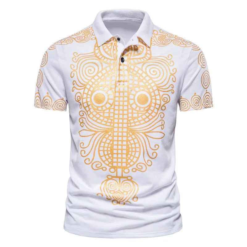 Summer men casual ethnic short-sleeved cotton shirt with lapel collar in black, loose fit, front view