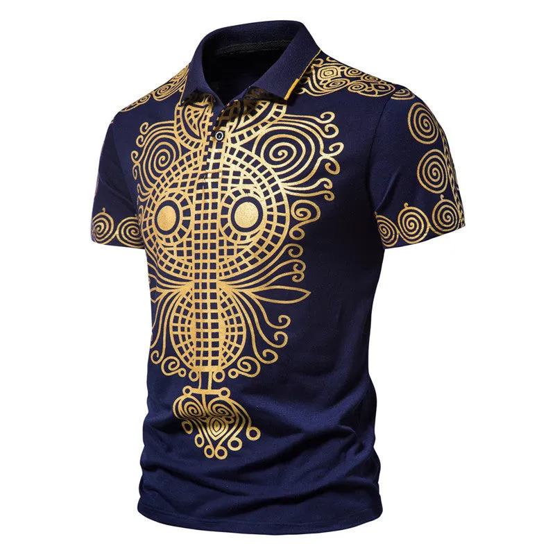 Summer men casual ethnic short-sleeved cotton shirt with lapel collar in black, loose fit, front view