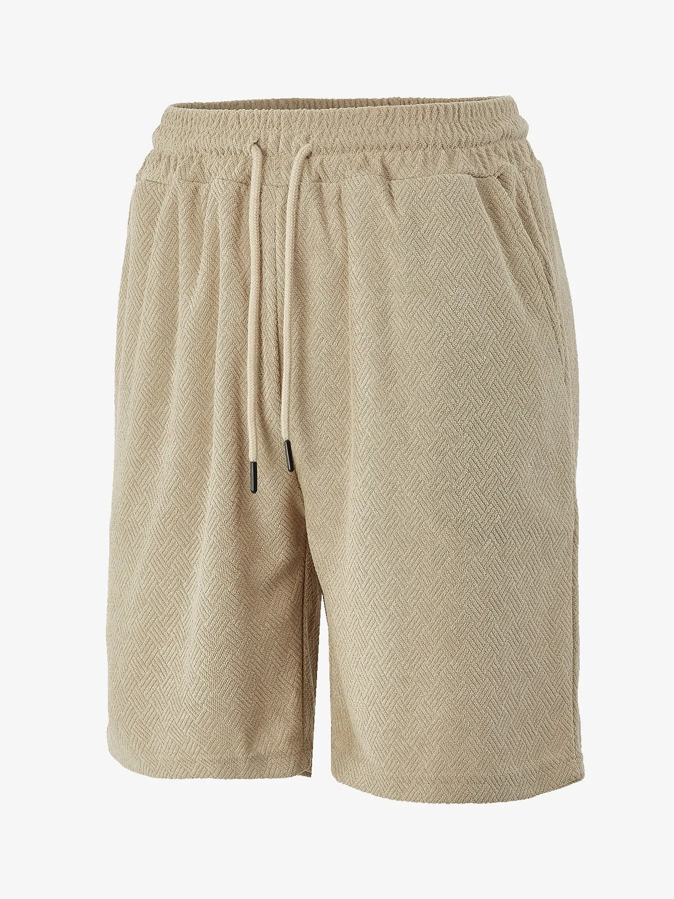 Men's loose fit towel jacquard casual shorts in khaki showing textured fabric and relaxed leg opening for summer