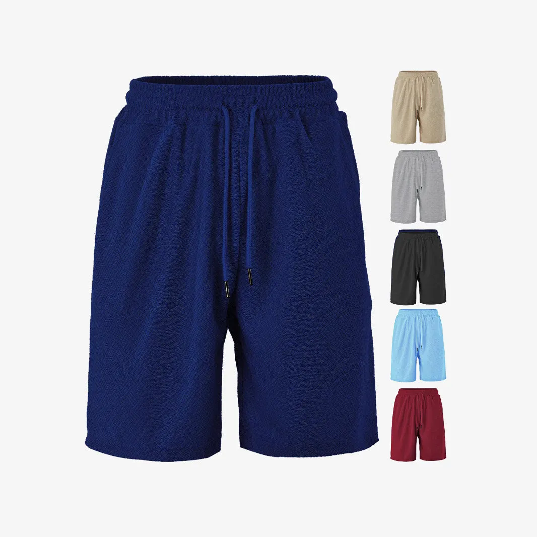 Men's loose fit towel jacquard casual shorts in khaki showing textured fabric and relaxed leg opening for summer