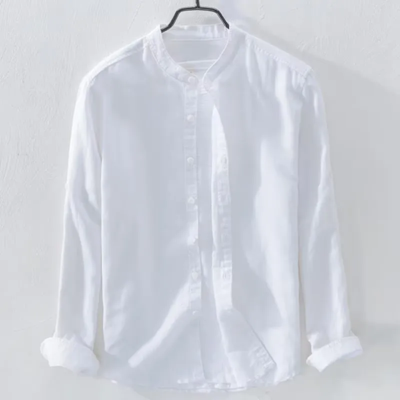 A man's loose-fitting, long-sleeve casual shirt in a cotton linen blend, shown in a solid colour.