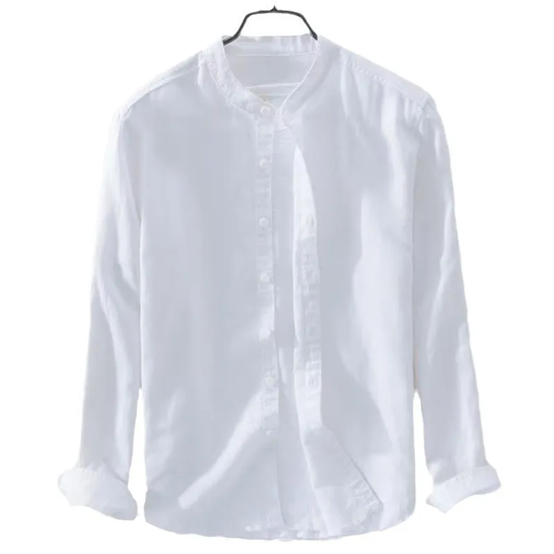 A man's loose-fitting, long-sleeve casual shirt in a cotton linen blend, shown in a solid colour.